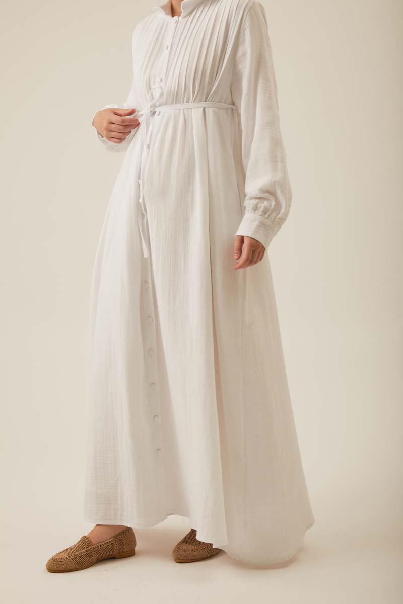 Bebe Yaka Nervürlü Müslin Elbise Beyaz