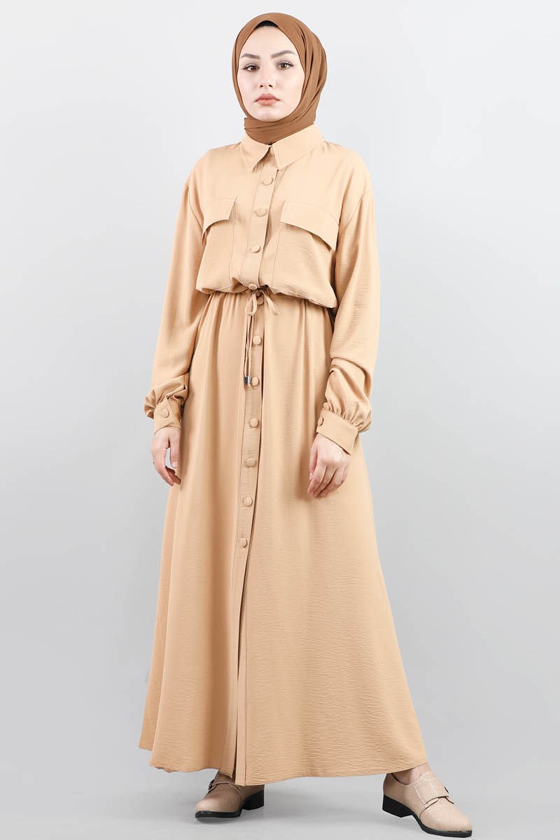 Beli Büzgülü Camel Elbise
