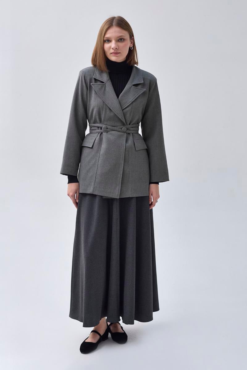 Biye Bağlamalı Blazer Ceket Gri