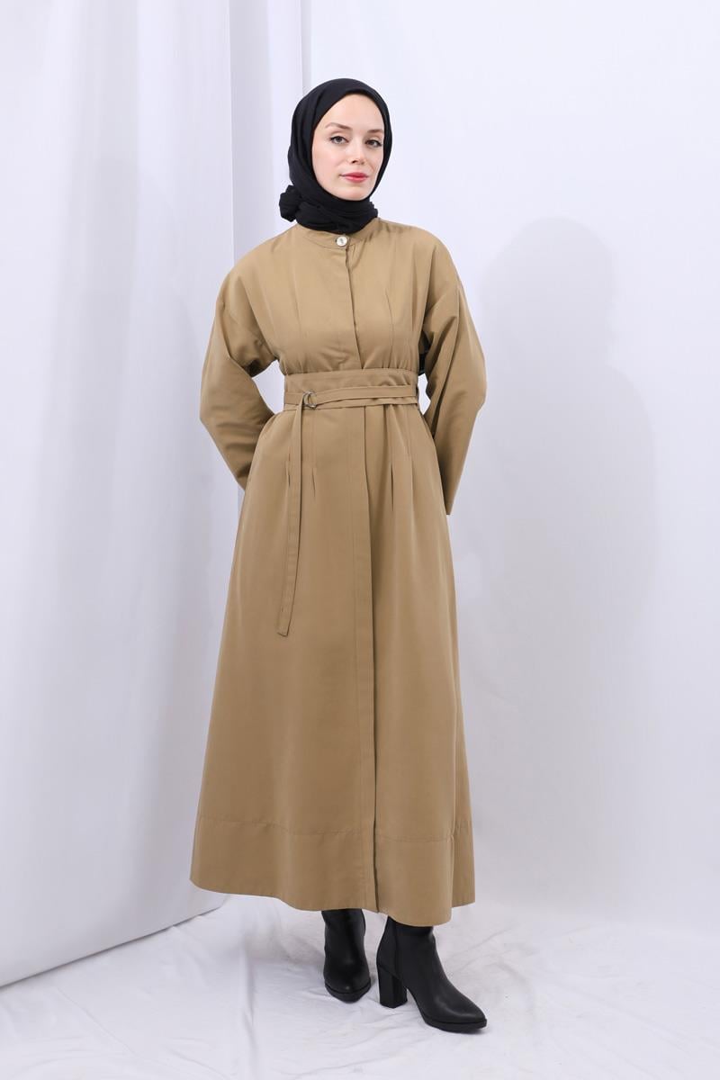 Biye Detaylı Kemerli Elbise Camel