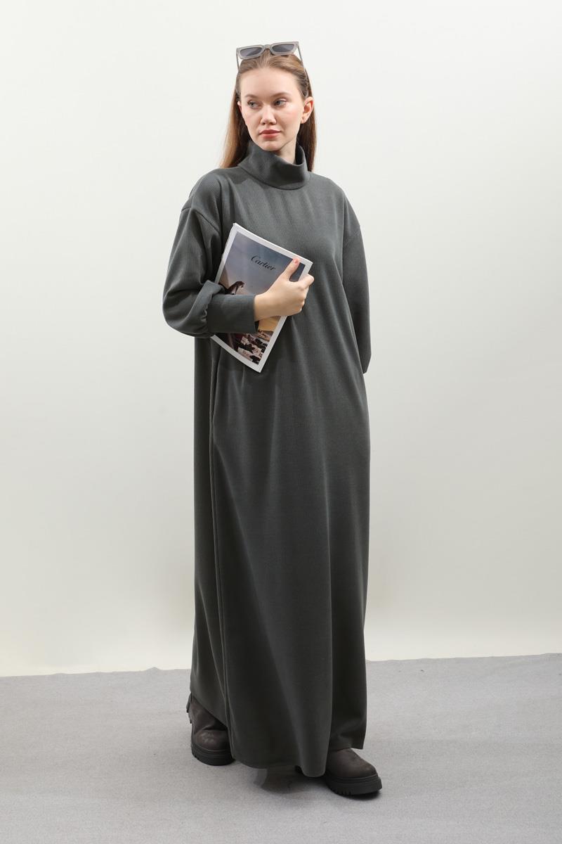 Boğazlı Fitilli Triko Elbise Antrasit