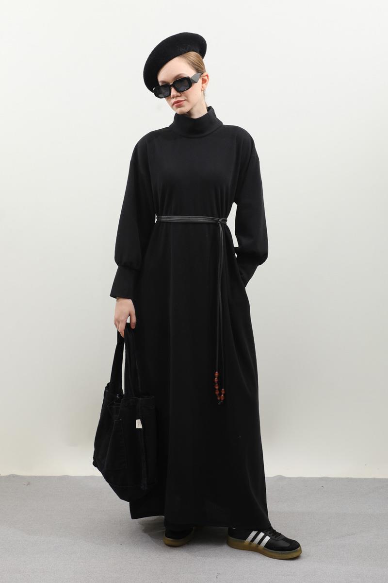 Boğazlı Fitilli Triko Elbise Siyah