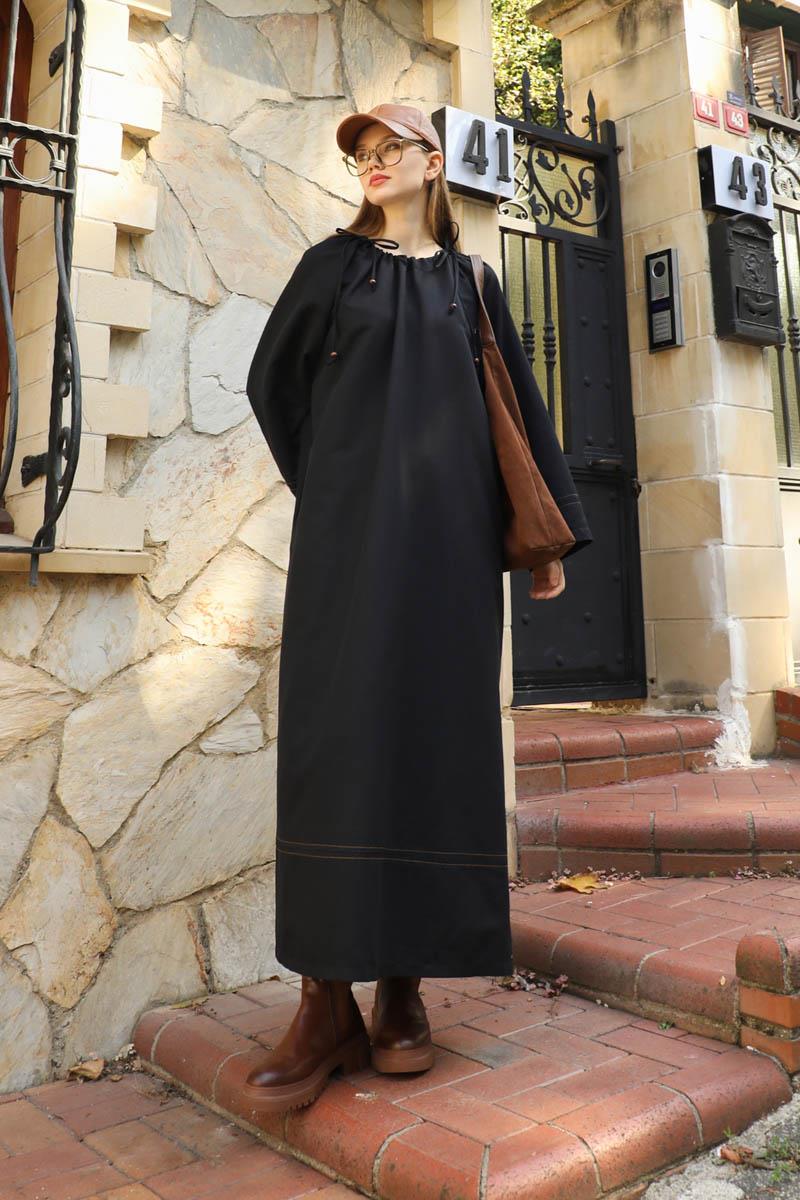 Büzgü Yaka Elbise Siyah