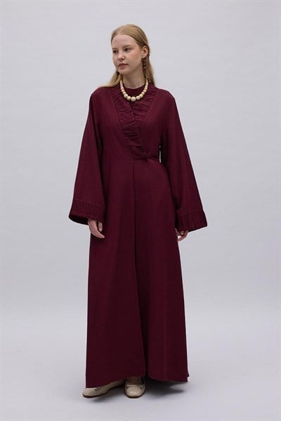 Büzgülü Bant Detaylı Keten Abaya