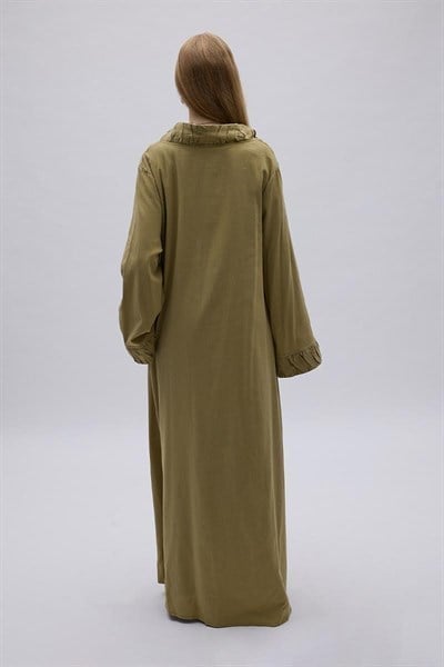 Büzgülü Bant Detaylı Keten Abaya