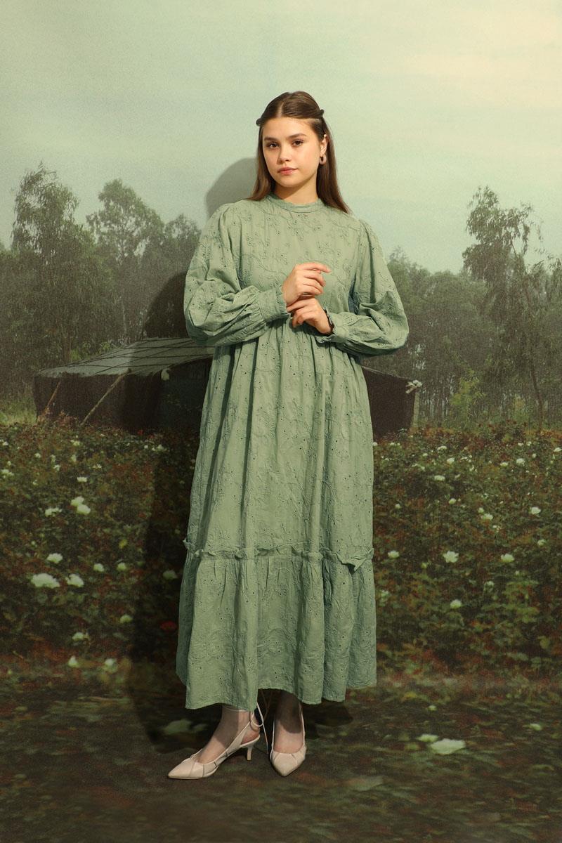 Büzgülü Brode Elbise Mint