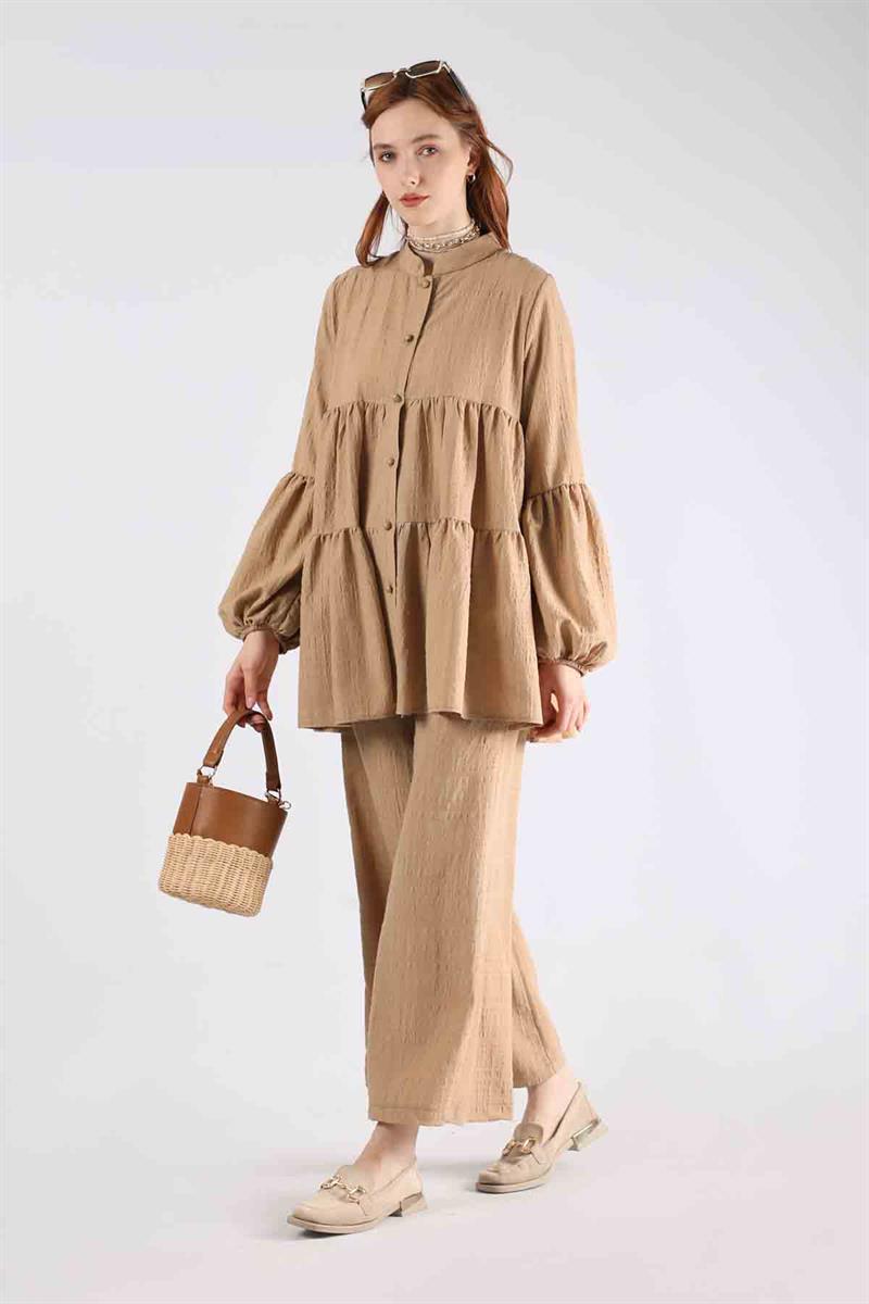 Büzgülü Tunik Takım Camel