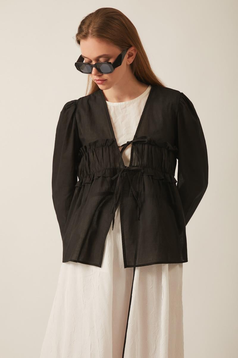 Büzgülü Vual Bluz Siyah