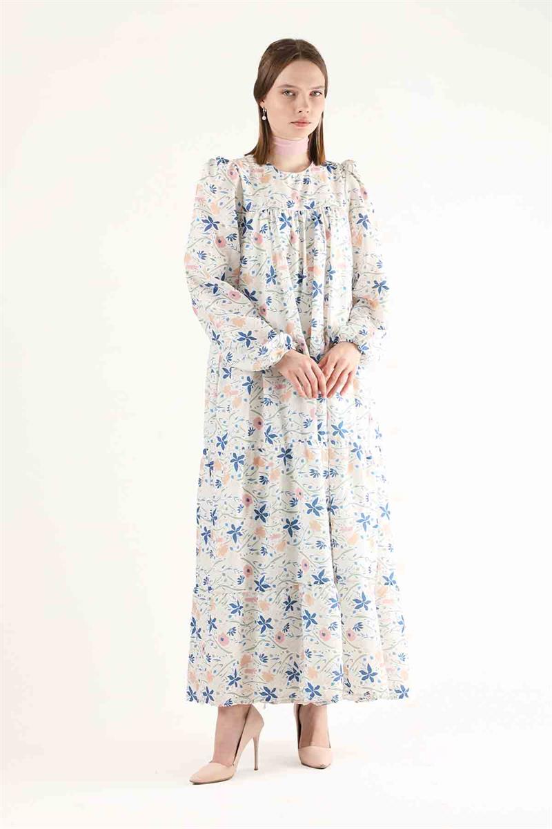 Çiçek Desenli Elbise Mavi