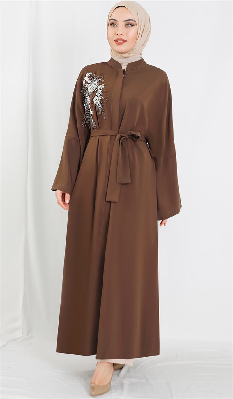 Çiçek Desenli Kahve Abaya