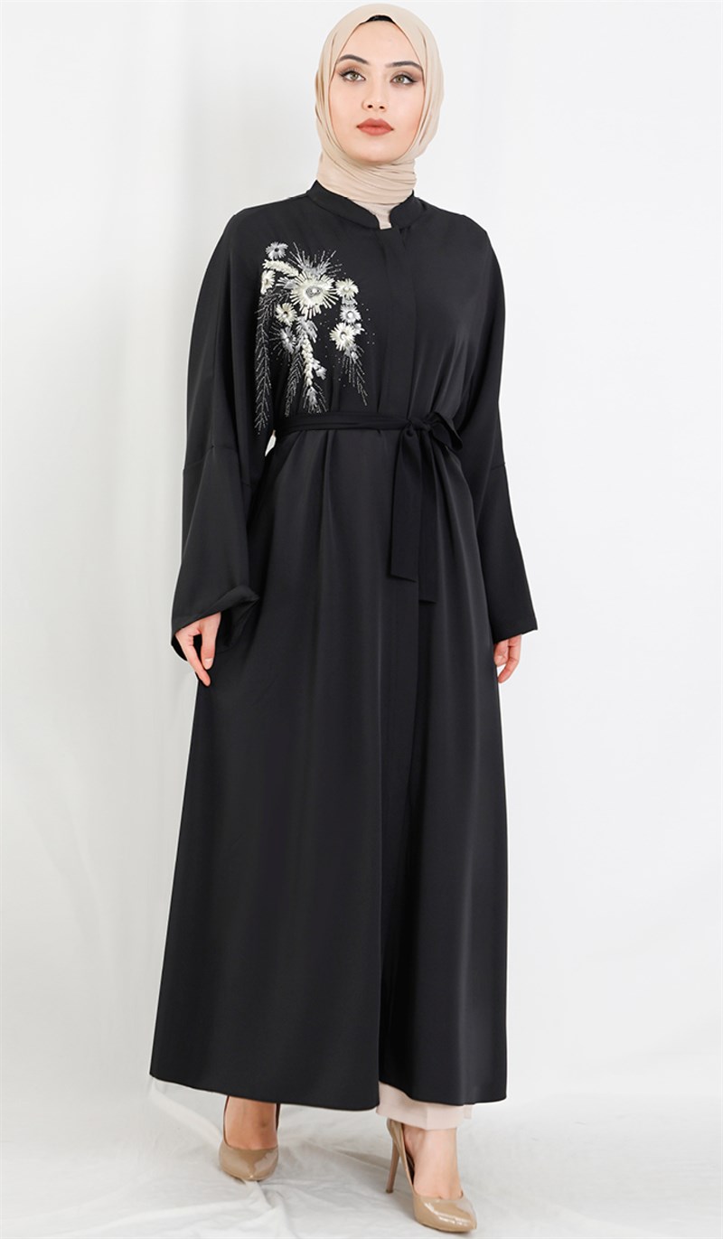 Çiçek Desenli Siyah Abaya
