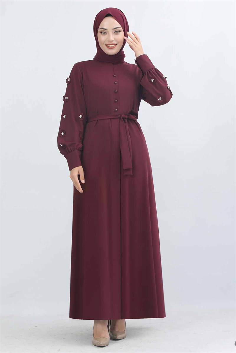 Çiçek İşlemeli Düğmeli Ferace Bordo