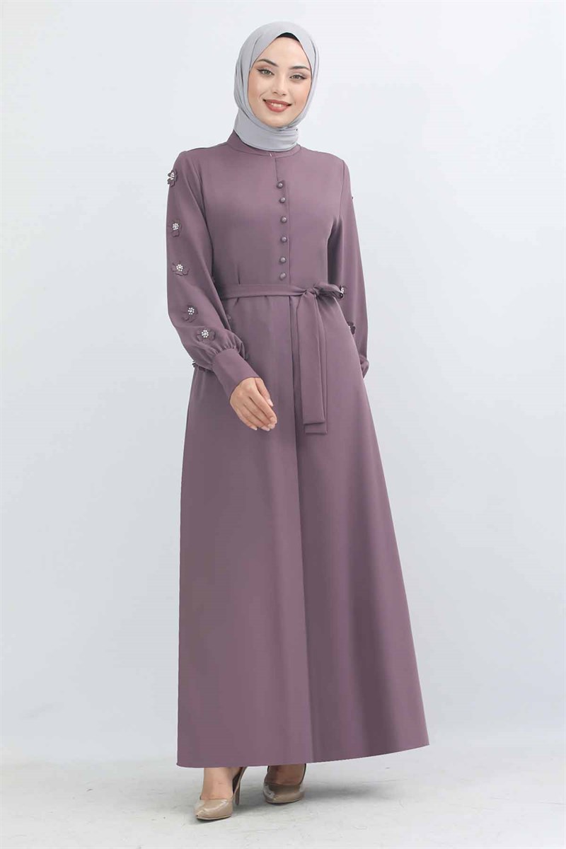 Çiçek İşlemeli Düğmeli Ferace Gül Kurusu