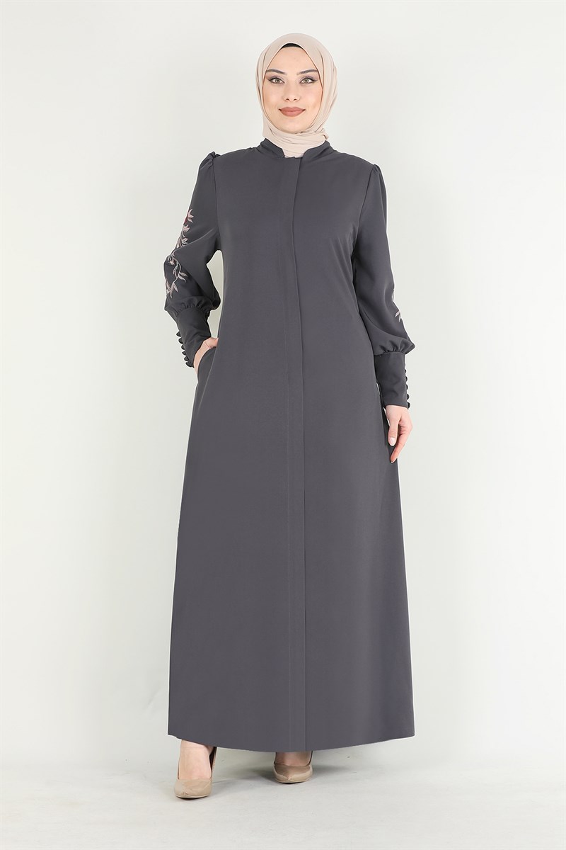 Çiçek Nakışlı Ferace Gri