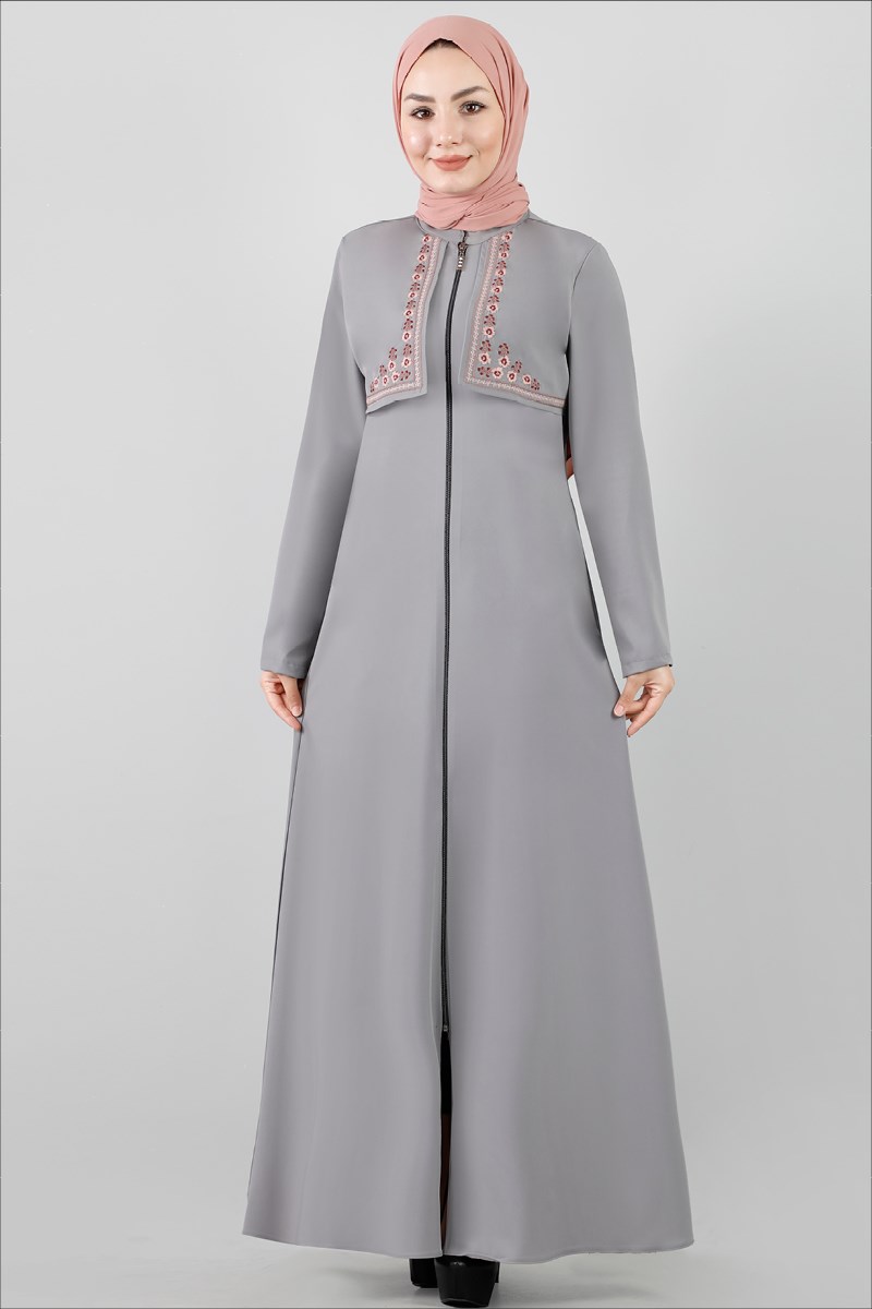 Çiçek Nakışlı Gri Ferace