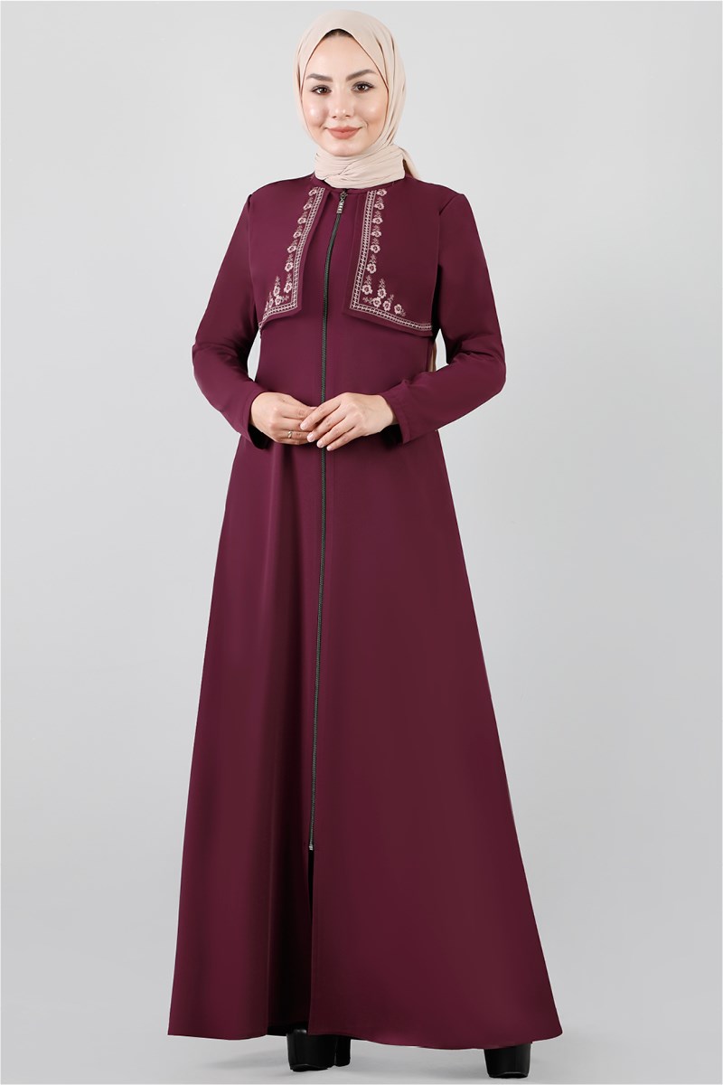 Çiçek Nakışlı Mürdüm Ferace