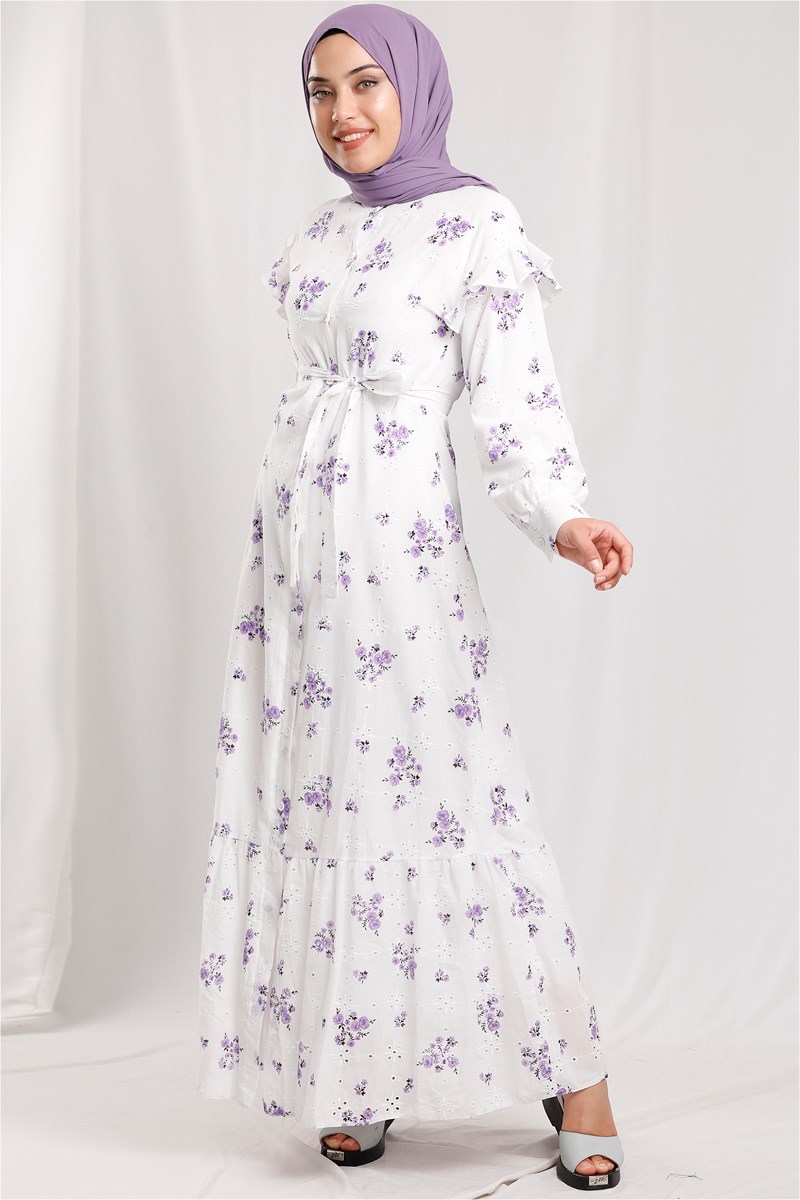 Çiçekli Brode Elbise Lila
