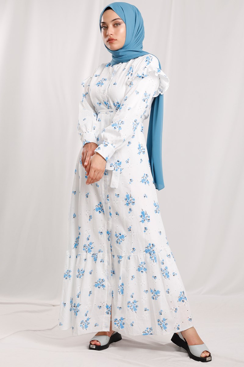 Çiçekli Brode Elbise Mavi