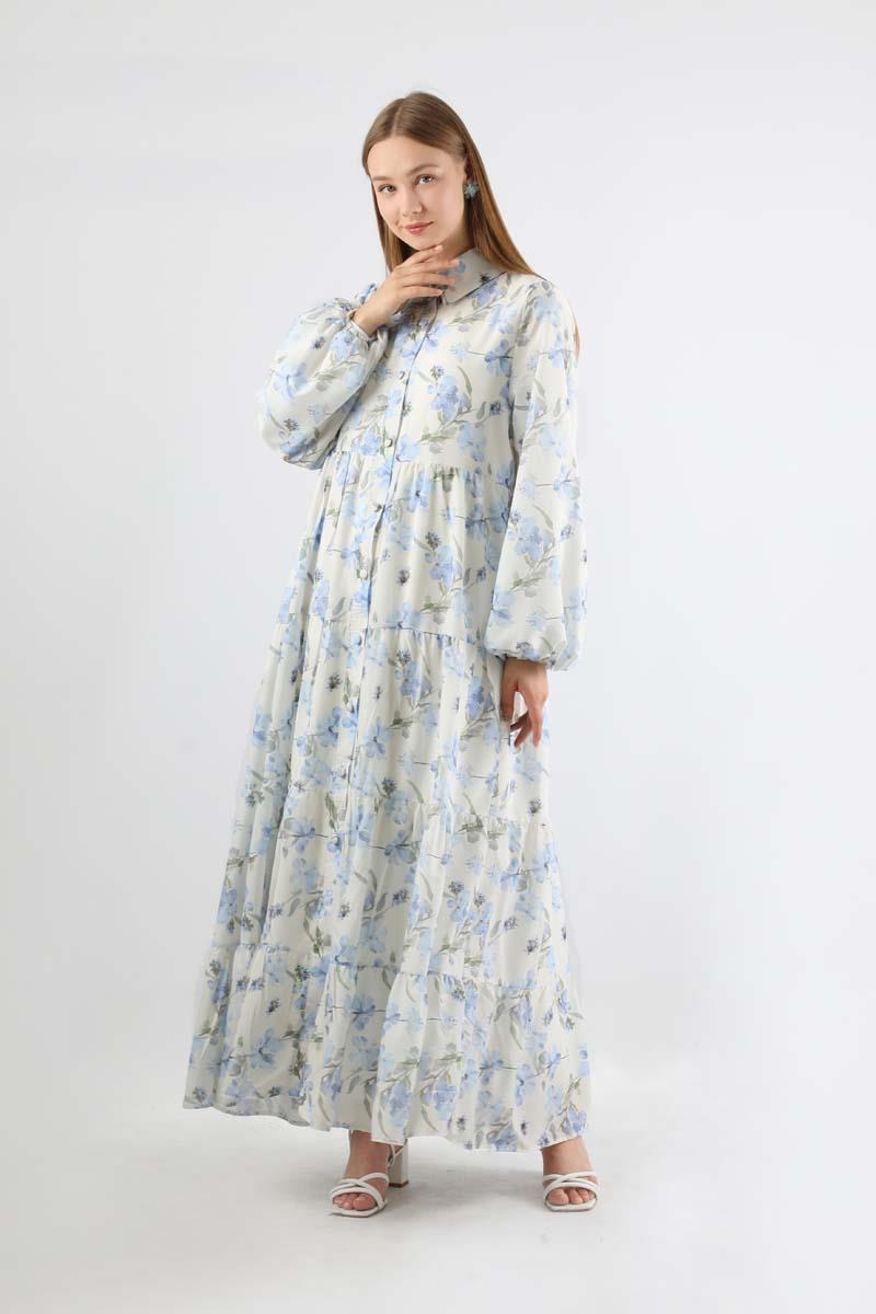 Çiçekli Kemerli Elbise Mavi