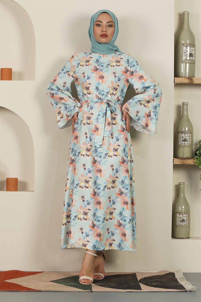 Çiçekli Keten Elbise Mint