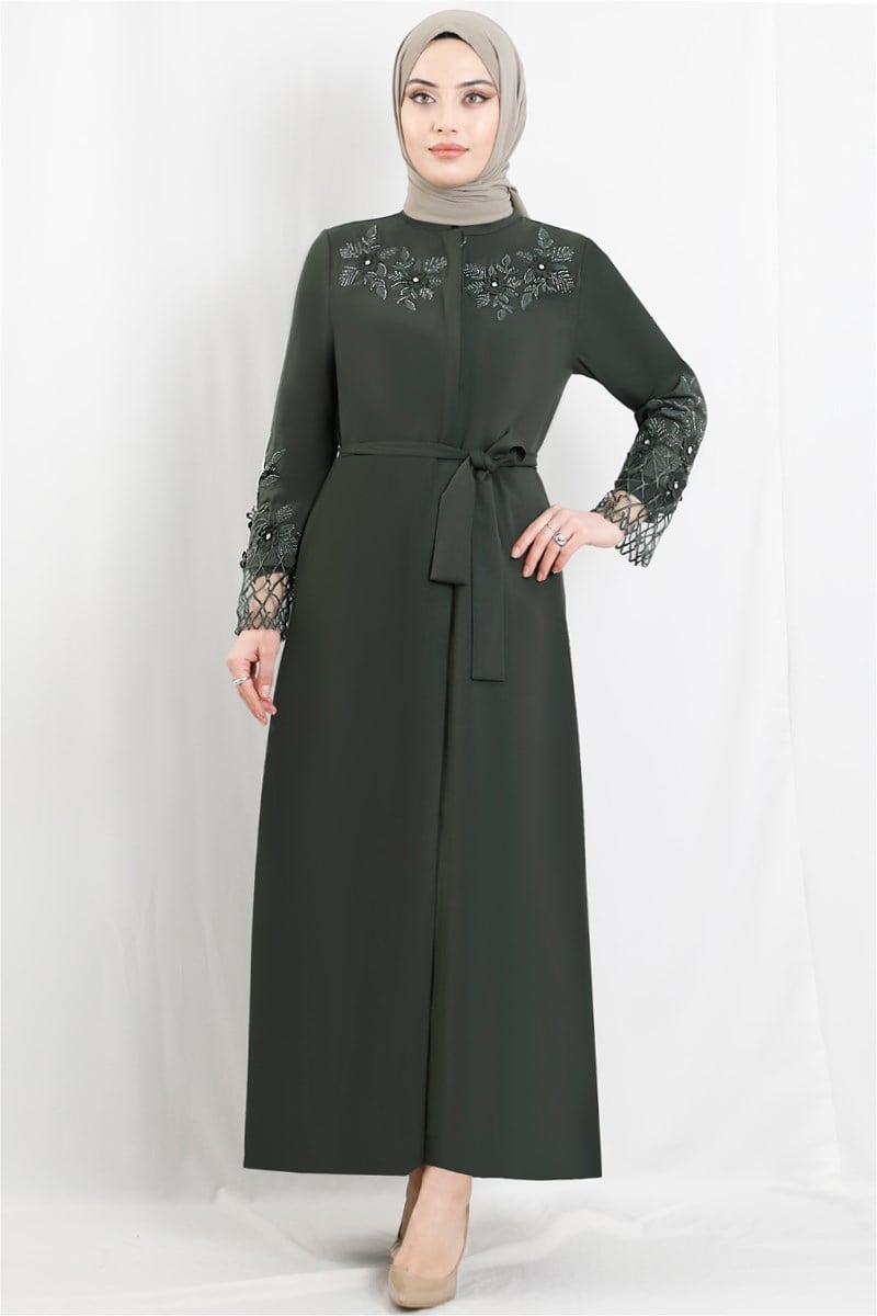 Çiçekli Taş İşlemeli Ferace Haki