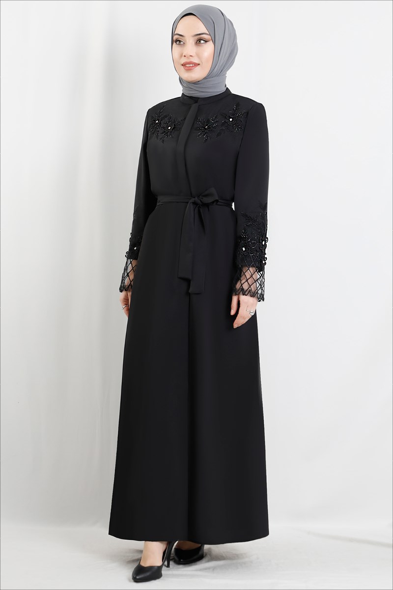 Çiçekli Taş İşlemeli Ferace Siyah