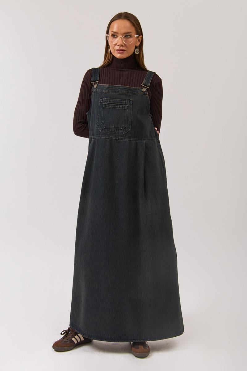 black pinafore dress denim Black Denim Suspender Dress - 100% Cotton