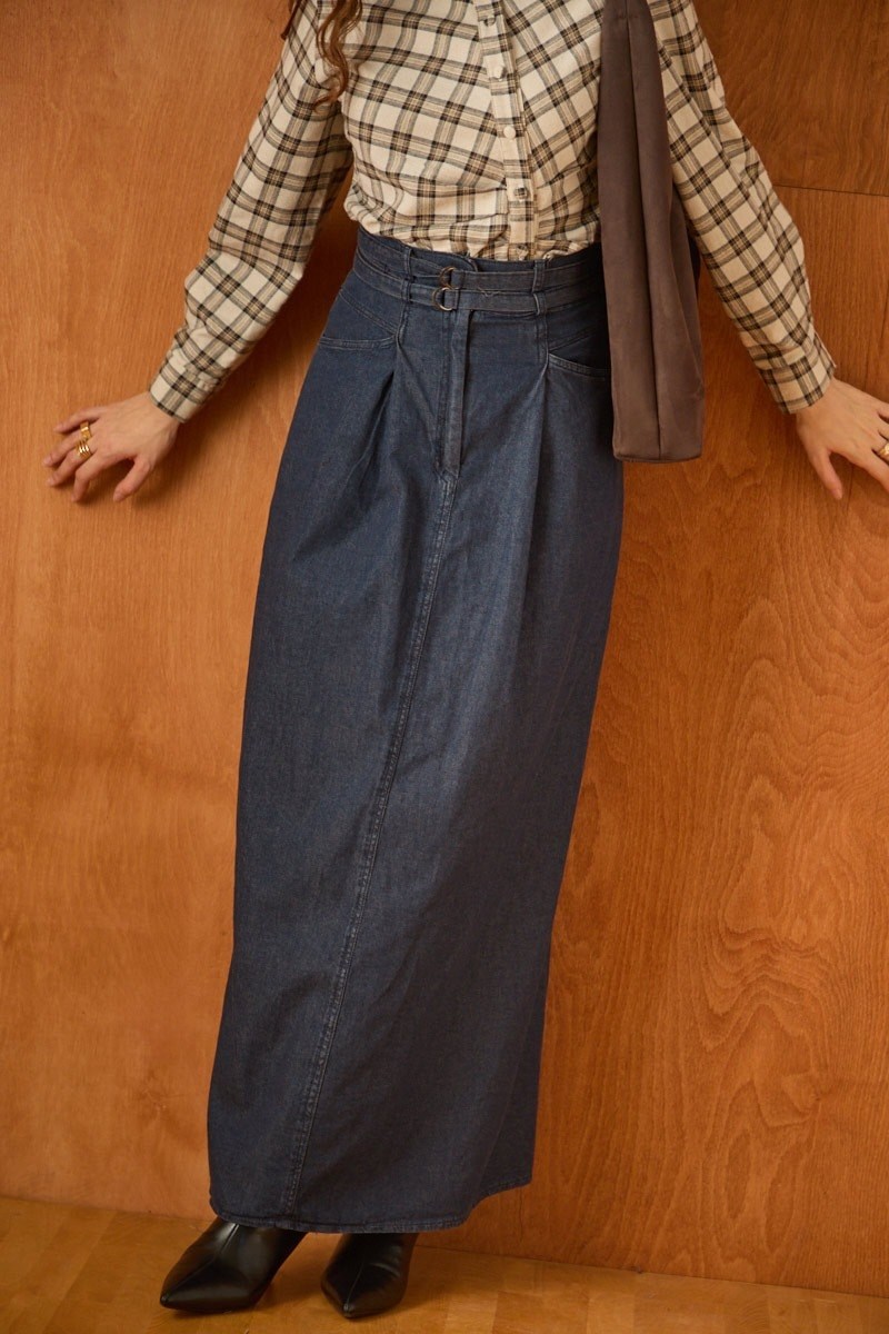 Çift Kuşaklı Denim Etek Koyu Mavi
