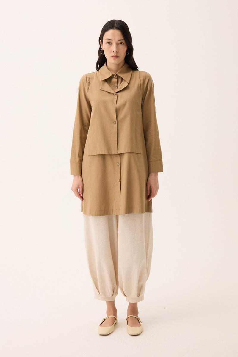Çift Yaka Keten Gömlek Camel