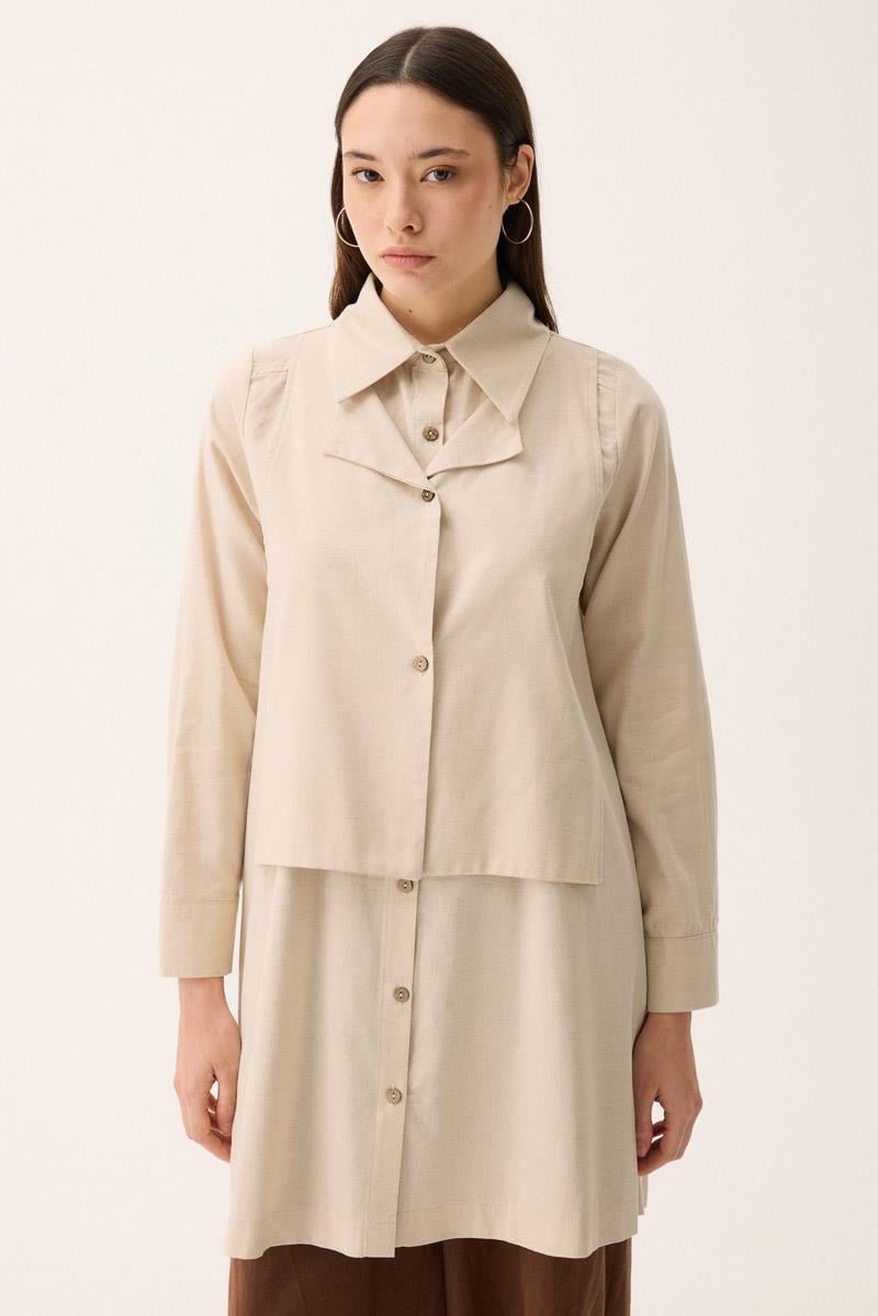 Çift Yaka Keten Gömlek Haki