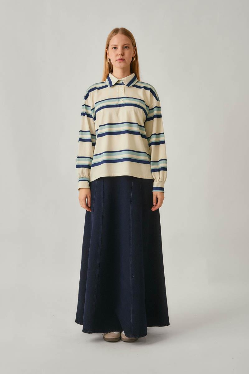 Çizgi Baskılı Sweatshirt Beyaz