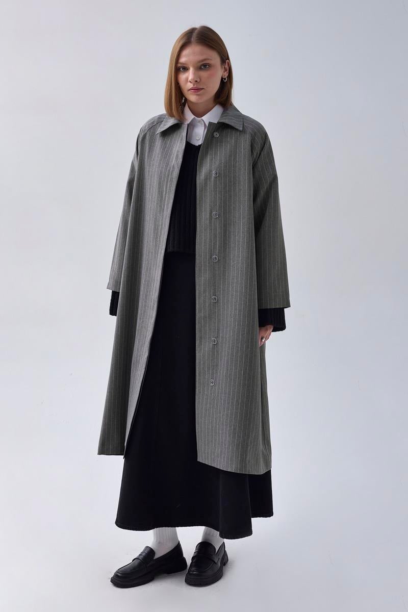 Çizgi Desenli Trençkot Gri