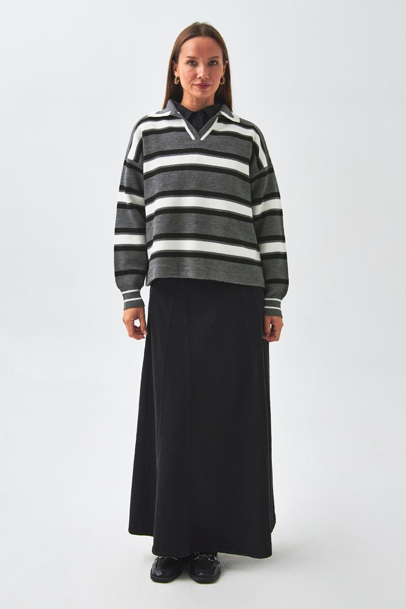 Çizgili Polo Kazak Gri