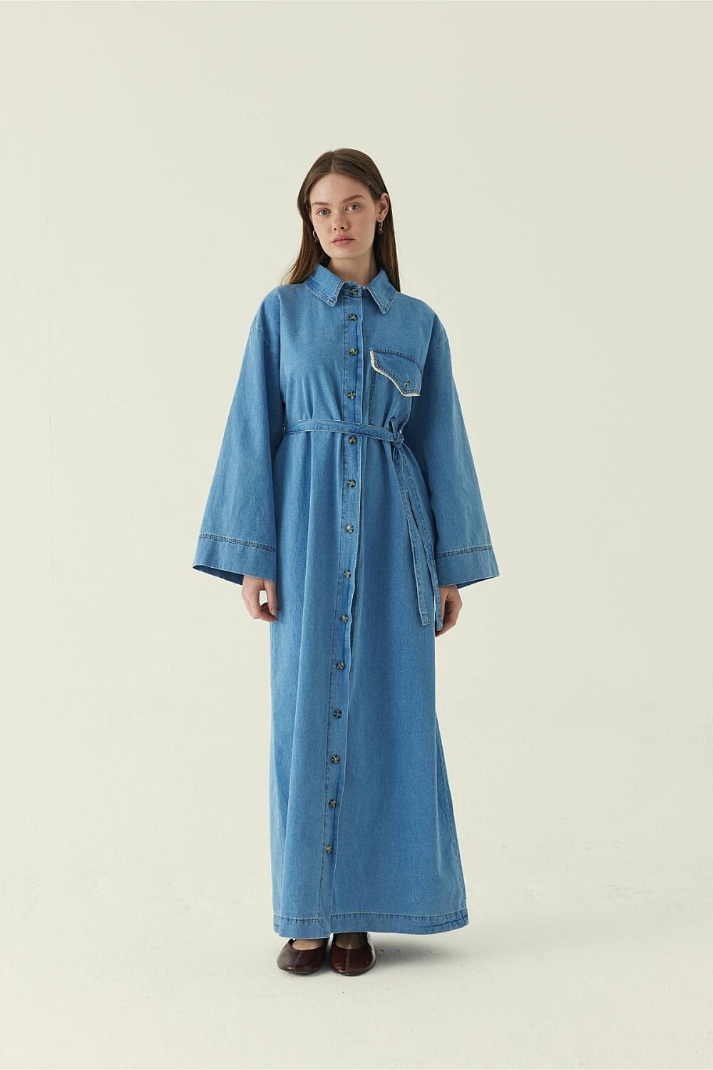 Dantel Detaylı Denim Elbise