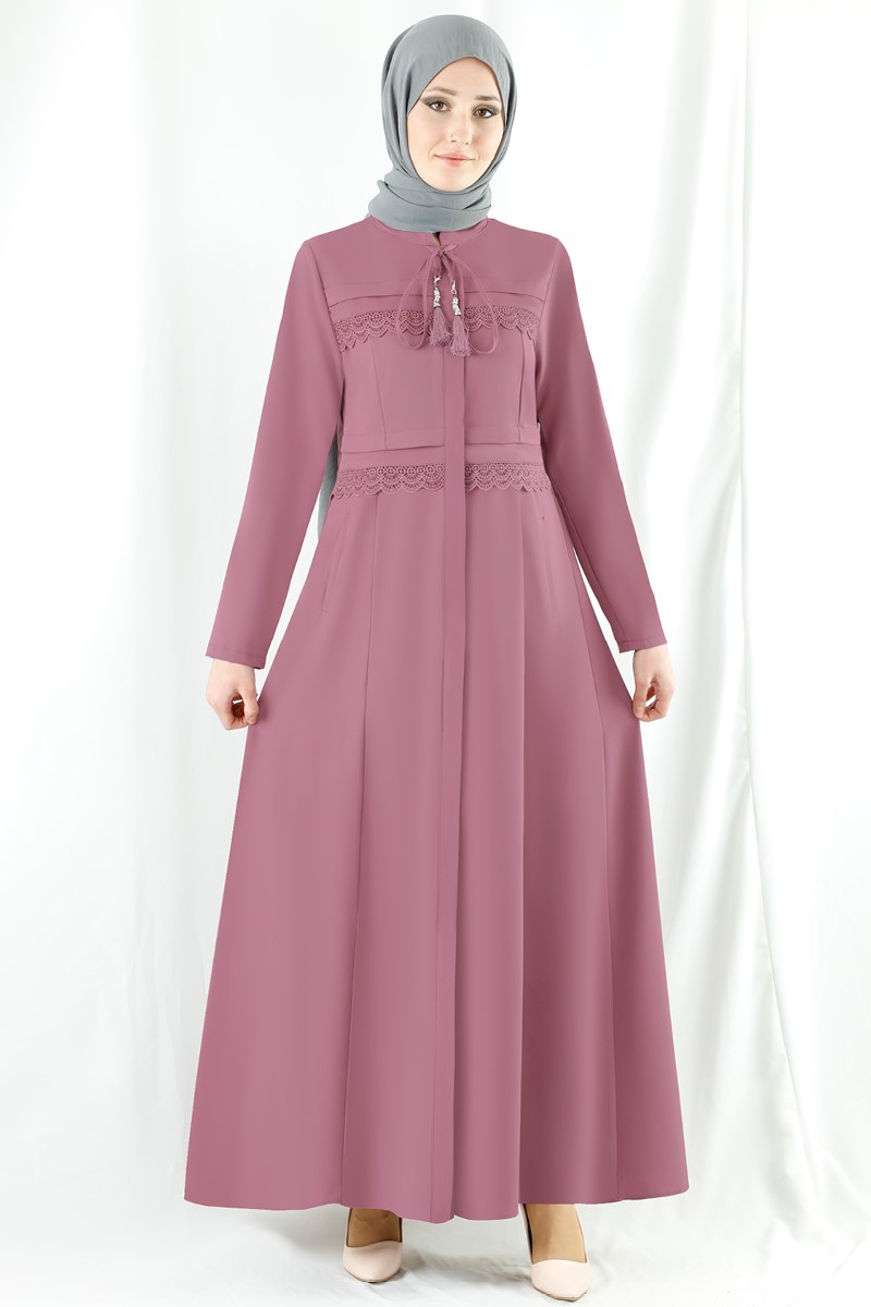 Dantel Detaylı Pembe Ferace