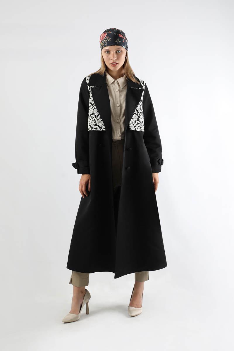 Dantel Detaylı Trençkot Siyah
