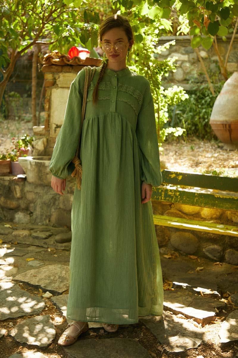 Dantel Robalı Elbise Soft Yeşil