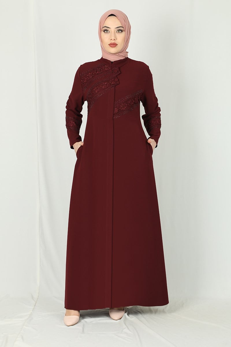 Dantel ve Taş İşlemeli Ferace Bordo