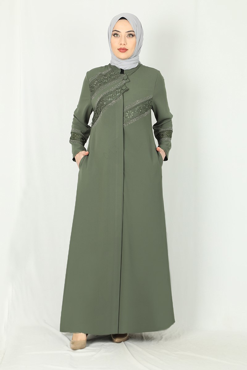 Dantel ve Taş İşlemeli Ferace Haki