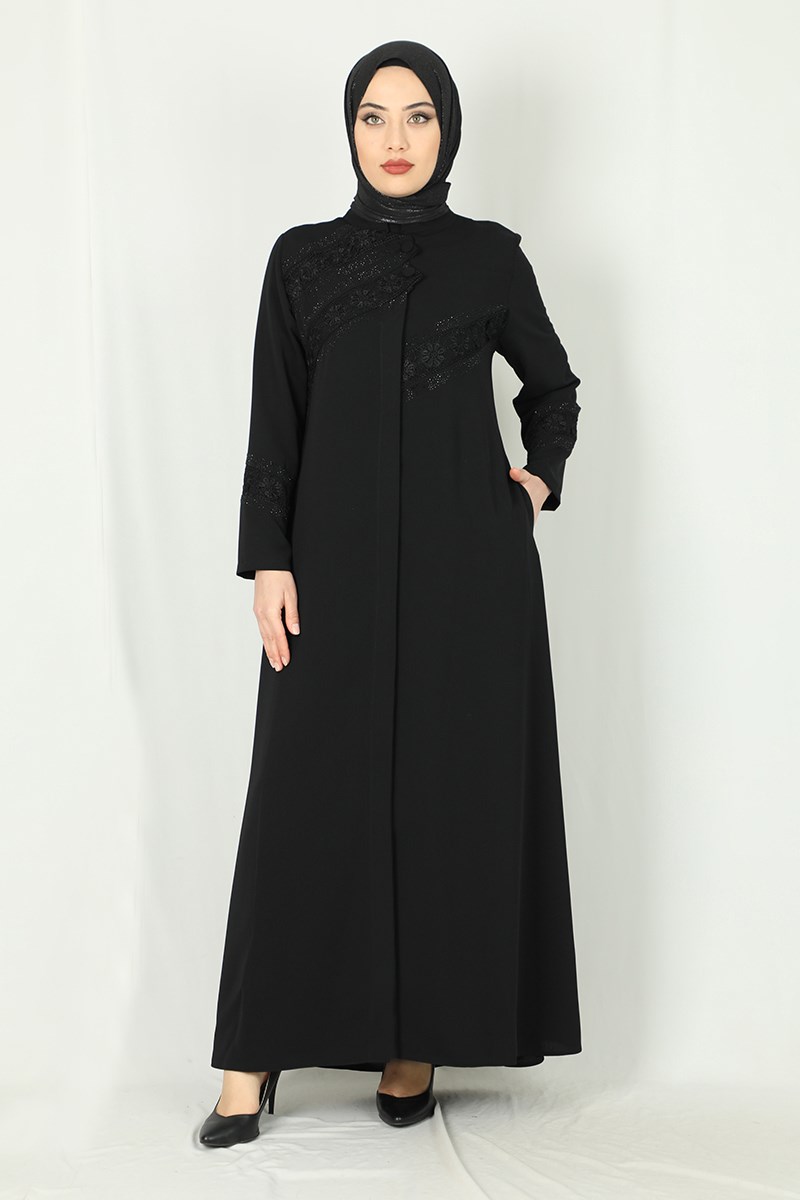 Dantel ve Taş İşlemeli Ferace Siyah