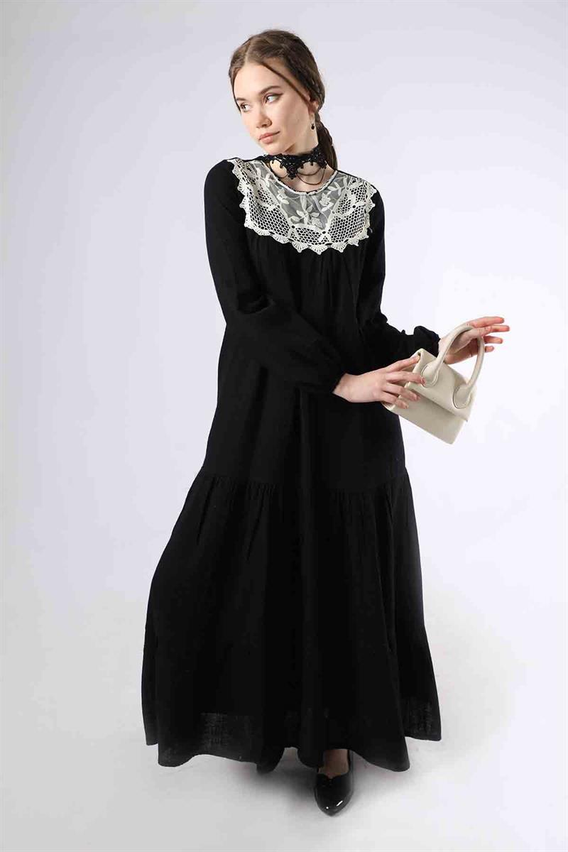 Dantel Yaka Elbise Siyah