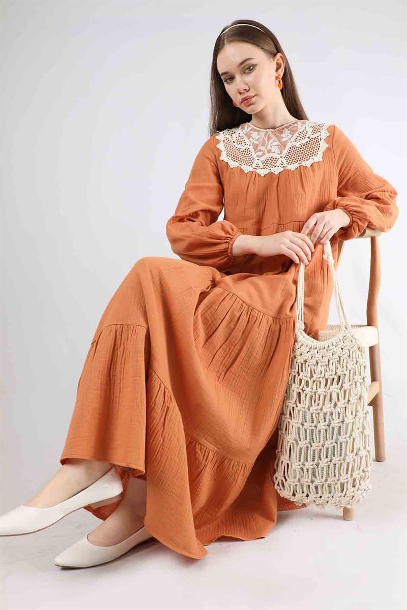 Dantel Yaka Elbise Turuncu