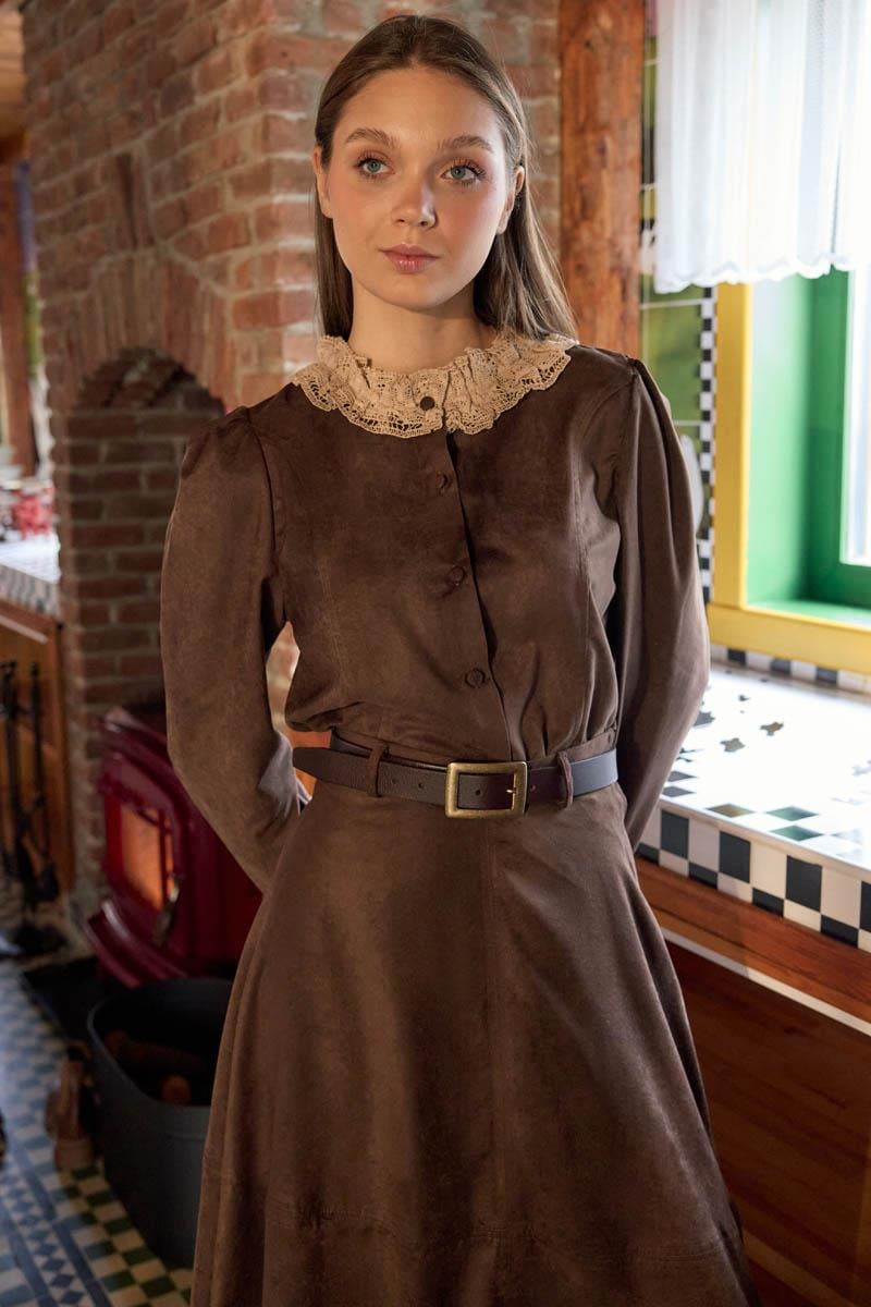 Dantelli Kısa Süet Gömlek Kahverengi