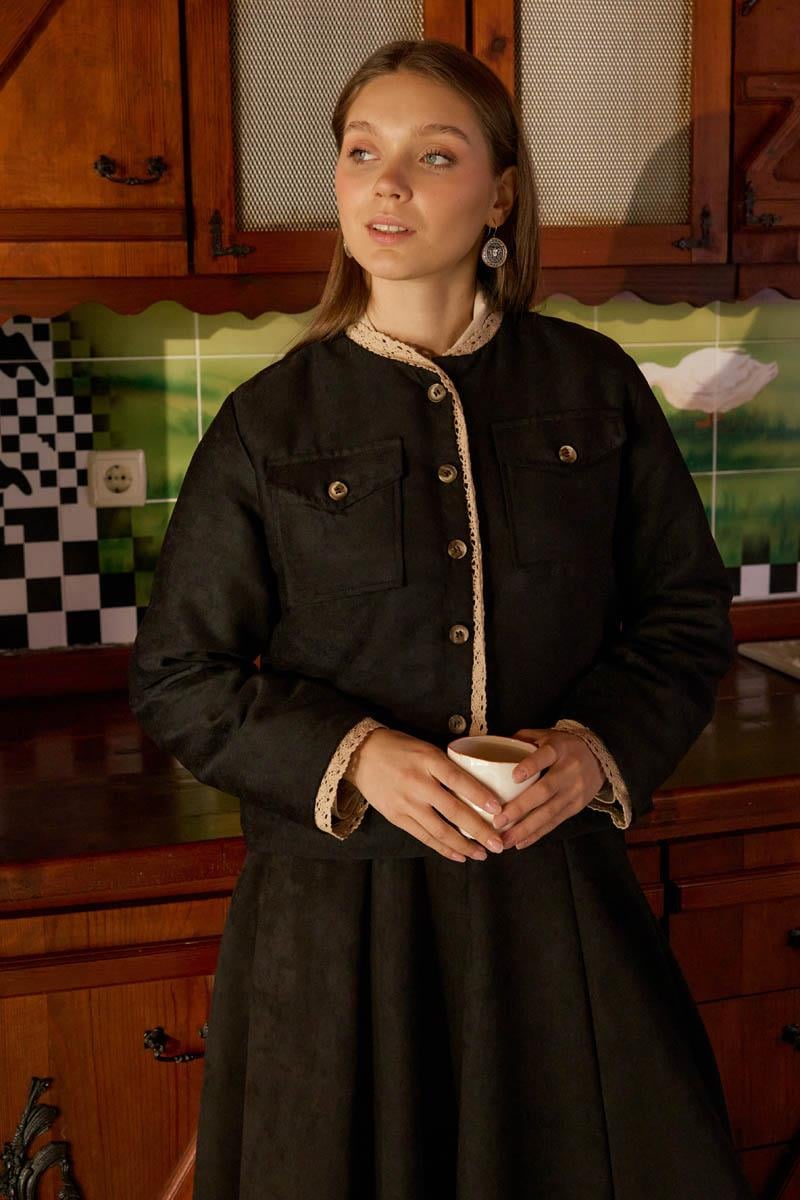 Dantelli Süet Ceket Siyah