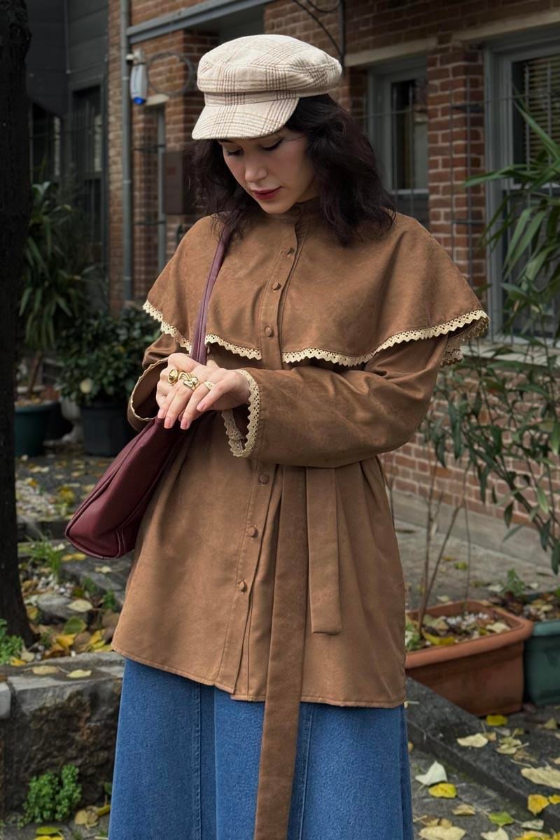 Dantelli Süet Gömlek Camel