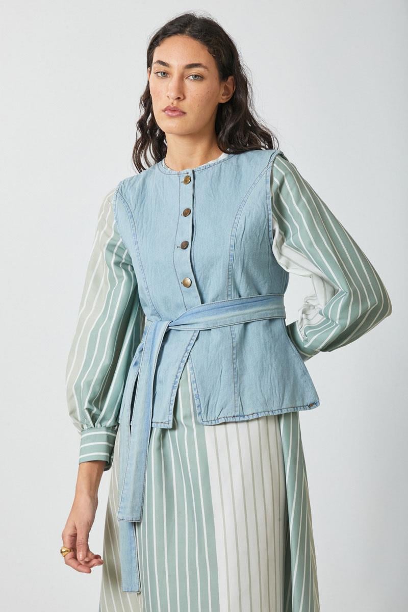 Denim Yelekli Elbise Takım Mint