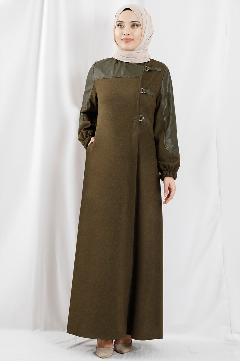 Deri Detaylı Haki Ferace