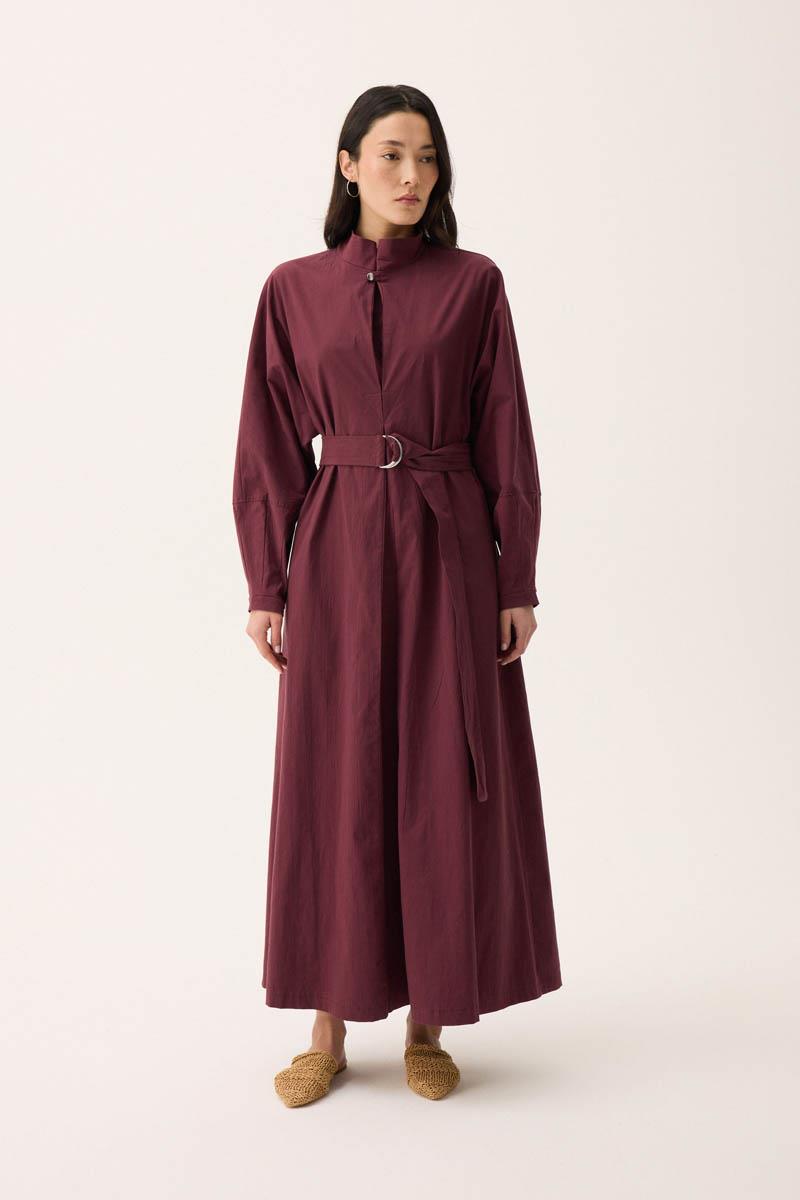 Dik Yaka Düğmeli Elbise Bordo