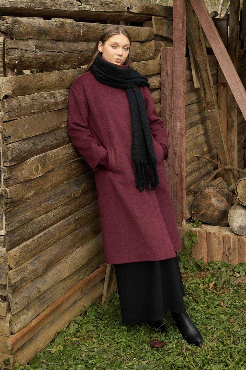 Dik Yaka Yünlü Kaban Bordo