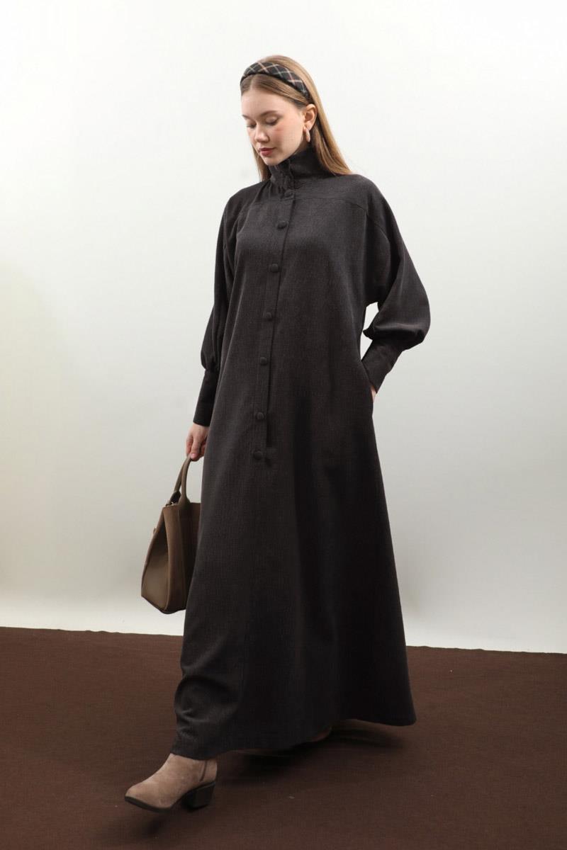 Dokulu Vintage Elbise Antrasit